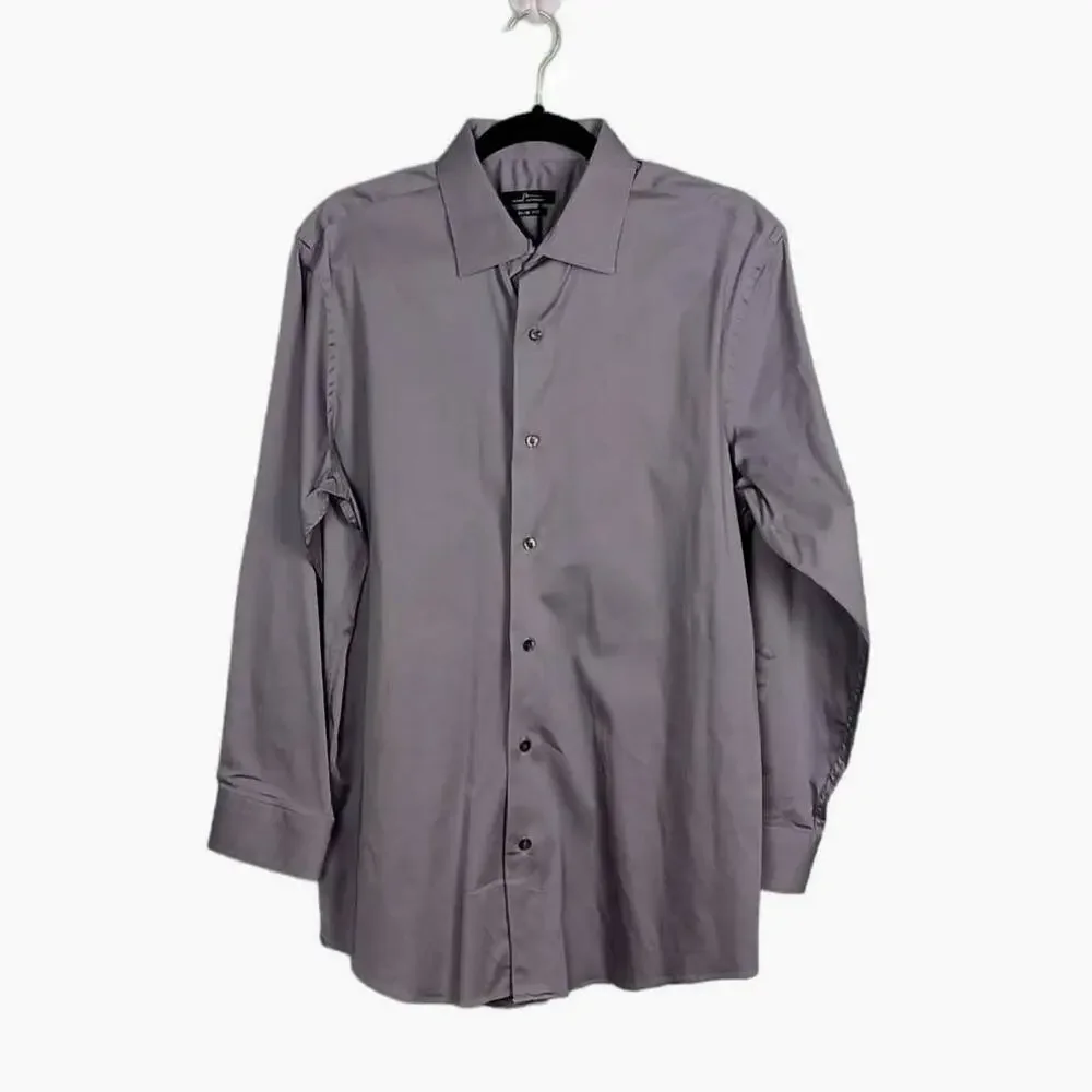 MARC ANTHONY Mens Solid Gray Long Sleeve Dress Shirt Stretch Slim Fit 16.5/32-33